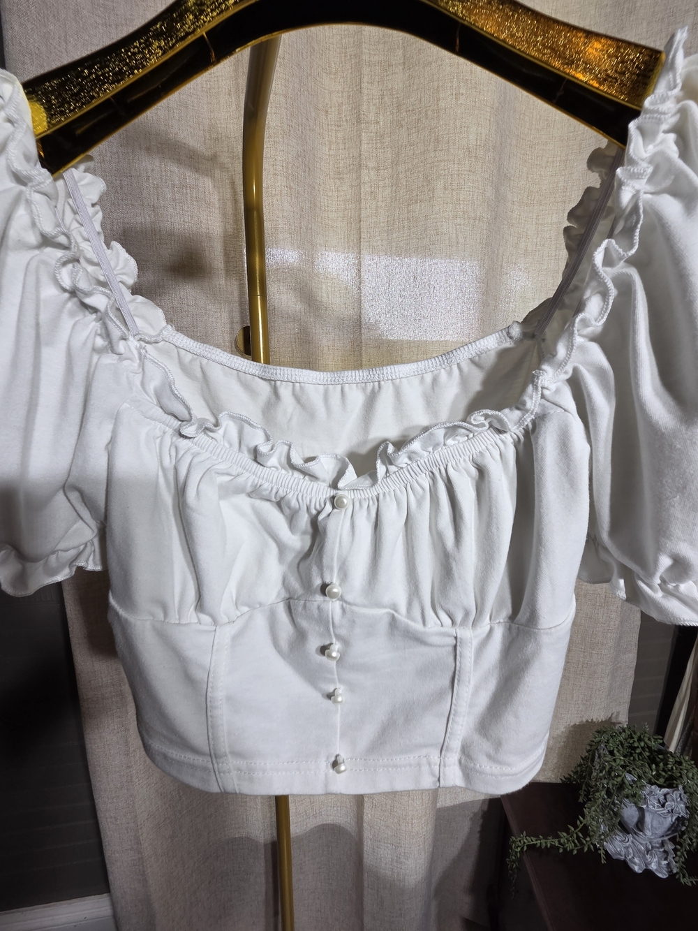 White Puff-Sleeve Crop Top with Pearl-Style Buttons